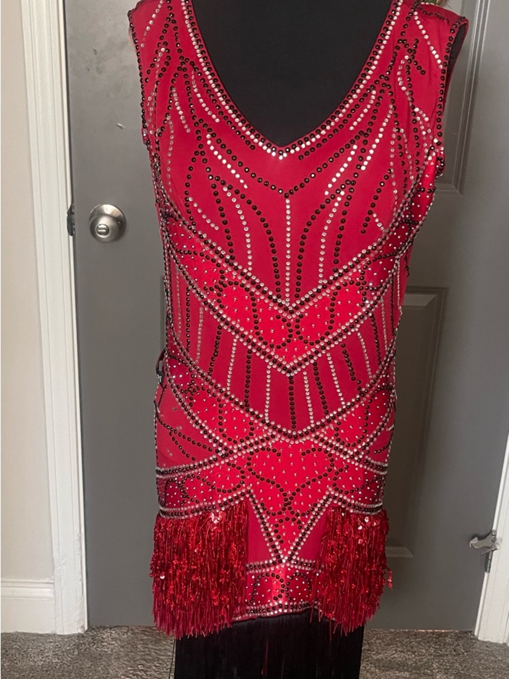 Red Beaded Fringe V-Neck Women’s Dress